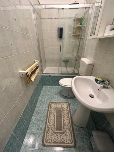 une salle de bain avec un lavabo, des toilettes et une douche dans l'établissement Cuddly Apt, comodo per coppie e parcheggio, à Mestre