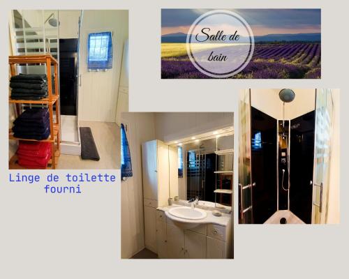 un collage de trois photos d'une salle de bains dans l'établissement La Villa des souvenirs - farniente - aire de jeux, à Saint-Étienne-les-Orgues