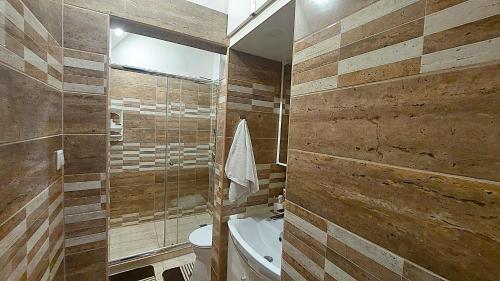 a bathroom with a toilet and a sink and a mirror at Holiday Apartman in Mórahalom