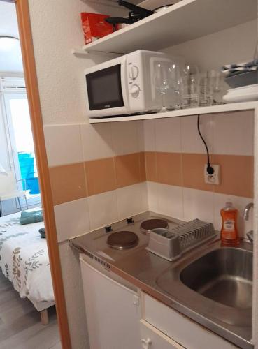 une petite cuisine avec un évier et un micro-ondes dans l'établissement Charmant studio balcon idéalement placé, à Nîmes