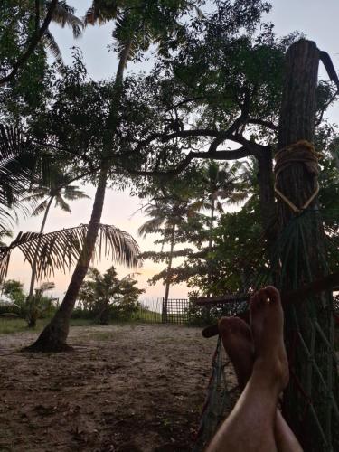 a person laying on a hammock near a fence at Marari Beach Bamboo Rooms AcroYogaThai in Alleppey