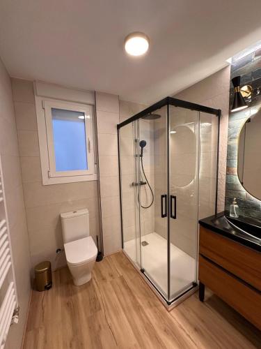 a bathroom with a shower and a toilet and a sink at El Sueño de Luca, Parking gratuito centro in Logroño