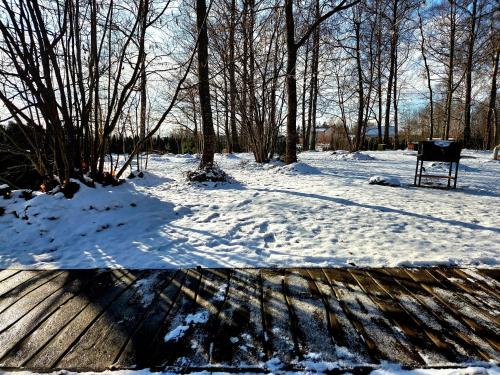 a snow covered yard with a bench and trees at Egliškių Oazė Sodyba su pirtimi kubilu- privatumas garantuotas in Vilnius