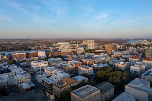 an aerial view of a city with tall buildings at Springhill Suites by Marriott Savannah Downtown Historic District in Savannah