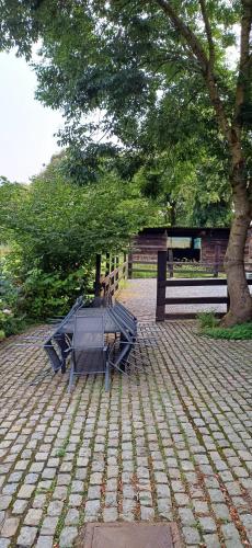 a picnic table and a bench on a brick patio at Spacious house in Montignies-sur-Roc with garden in Montignies-sur-Roc