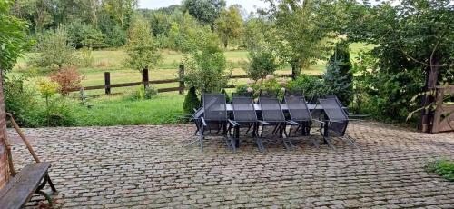 a table and chairs sitting on a brick patio at Spacious house in Montignies-sur-Roc with garden in Montignies-sur-Roc