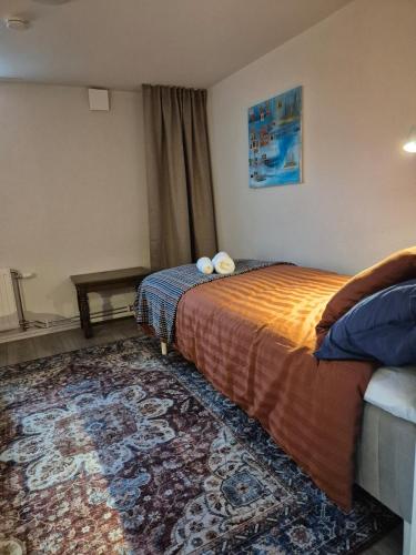 a hotel room with a bed and a rug at Stay near Elmia and Vätterstranden in Jönköping
