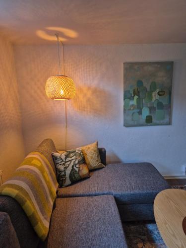 a living room with a couch and a lamp at Stay near Elmia and Vätterstranden in Jönköping