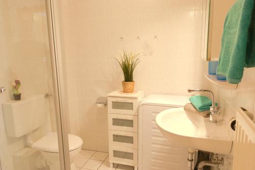 a bathroom with a toilet and a sink and a shower at Ferienhaus Veldhoen in Norddeich