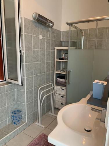 une salle de bain avec un lavabo et une douche dans l'établissement Appartement Vezzani Centre Corse, à Vezzani