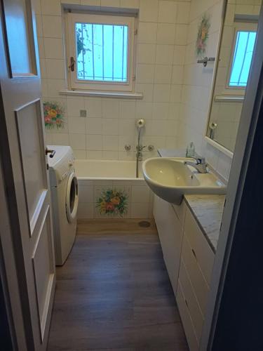 a bathroom with a sink and a washing machine at On Lake Villa Cicci e Sandro in Bellano