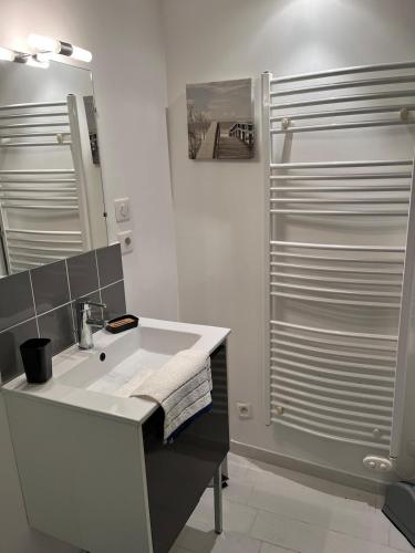 une salle de bain avec un lavabo blanc et une douche dans l'établissement Logement calme proche du Touquet, à Cucq