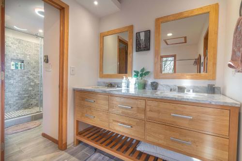 a bathroom with a double sink and a shower at Hidden Gem Best Views Unbeatable Seclusion etc in Albrightsville
