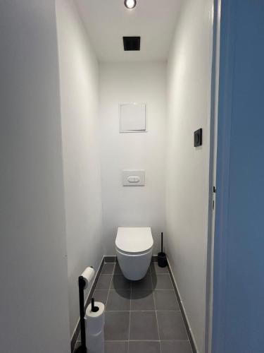 une salle de bain avec des toilettes blanches dans une chambre dans l'établissement Charmant Appartement à Nancy, à Nancy