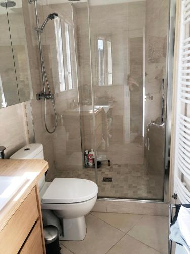 une salle de bain avec une douche, des toilettes et un lavabo dans l'établissement Appartement 3 pièces avec vue 360 sur Paris, à Paris