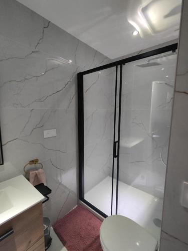 une salle de bain avec une douche en verre et des toilettes dans l'établissement L'Escapade Cosy 25mn du PuyDuFou, à Cholet