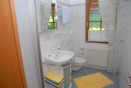 a white bathroom with a sink and a toilet at Oberbauernhof - Wohnung "Stübleberg" -- Moderne FeWo im schönen Schwarzwaldhaus in Gutach