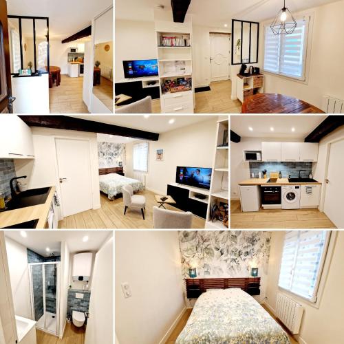 un collage de photos d'une chambre et d'un salon dans l'établissement Studio entièrement équipé, à Cailloux-sur-Fontaines