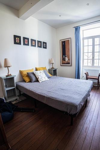 une chambre avec un grand lit dans une pièce dans l'établissement Villa Les Mimosas - 3 chambres d'hôtes, à Plassac