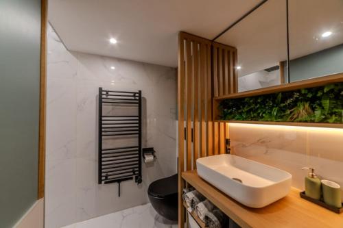 La salle de bains est pourvue d'un lavabo et d'une plante verte. dans l'établissement Magnifique appartement de caractère en hypercentre, à Lyon