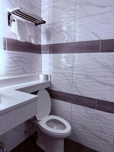 a white bathroom with a toilet and a sink at The Vine Hotel Bronx New in Bronx
