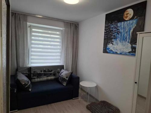 a living room with a blue couch and a window at Apartament 50 m z balkonem na parterze in Bydgoszcz