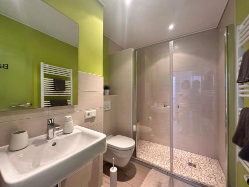a bathroom with a shower and a toilet and a sink at Himmelsnest Apartment im Zentrum von Paderborn in Paderborn