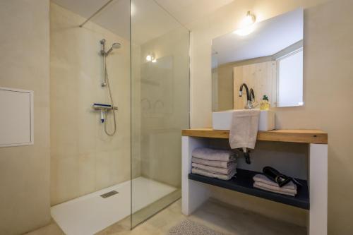 une salle de bain avec douche et lavabo dans l'établissement Gite La Loge - Chateau Mondou, à Villeneuve-sur-Lot
