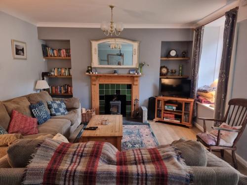 ein Wohnzimmer mit Couch und Kamin in der Unterkunft Cosy Cottage overlooking the Teifi Gorge in Cilgerran