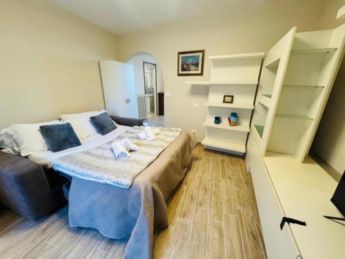 a bedroom with a bed with blue pillows and shelves at Appartamenti Sogno Alice Bel Colle in Alice Bel Colle
