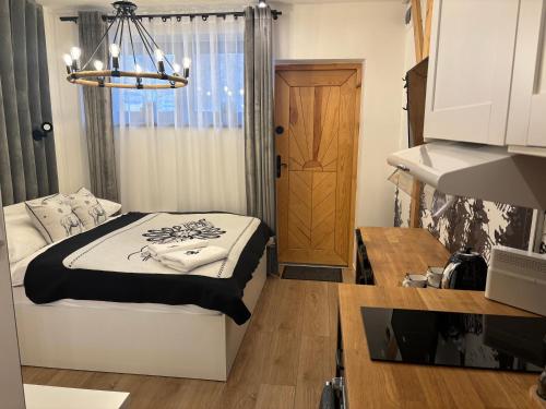 a small bedroom with a bed and a window at Apartament SMALL Czarny Potok in Krynica Zdrój
