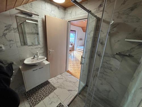 a bathroom with a shower and a sink at Phönix1 in Teugn