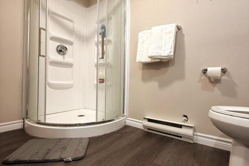 a bathroom with a shower and a toilet at Cozy Comfort Stay Moncton - 2 Bedrooms with Kitchen and Parking in Moncton