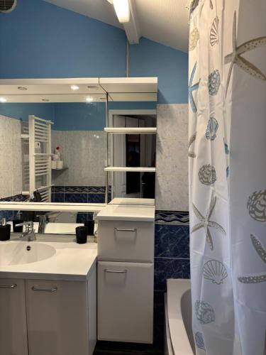 une salle de bain avec un lavabo et un rideau de douche dans l'établissement Oasis Forestier en pleine nature, à La Celle-sur-Seine