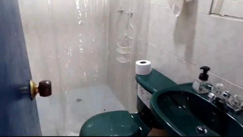 a bathroom with a green sink and a toilet at Montaña Sanadora in Medellín