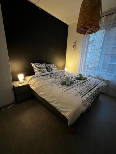 a bedroom with a large white bed with a window at Appartement Duo Valenciennes in Marly