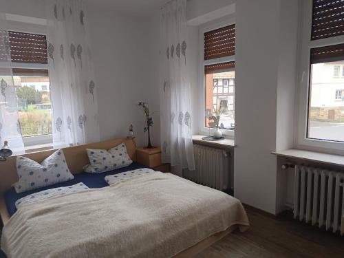 a bedroom with a bed and two windows at Im Hochparterre relaxen in Breitenbach am Herzberg