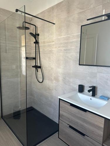 une salle de bain avec douche et lavabo dans l'établissement Lumineux 2 pièces haut de villa, à Antibes
