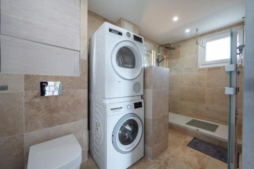 une salle de bain avec machine à laver et toilettes dans l'établissement 3 pièces cocon dans les hauteurs de Cannes vue mer, au Cannet