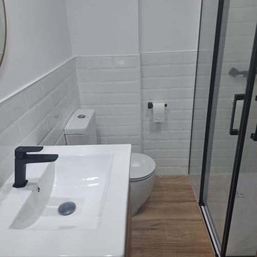 a white bathroom with a toilet and a sink at Apartamento Neron in Ronda