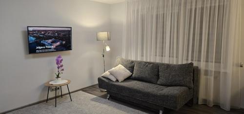 a living room with a couch and a tv at Barona apartement in Jelgava