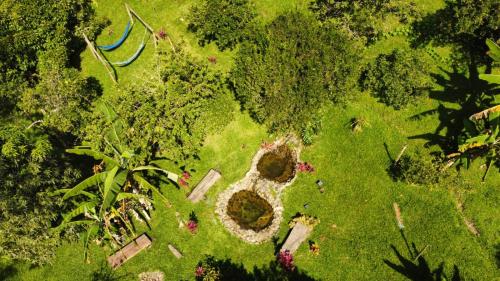 an overhead view of a garden with a building in the grass at Eco Hostel y Cabañas Duck House in La Vega