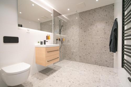 a bathroom with a shower and a toilet and a sink at apartino - FREE parking, 10 minutes walk to city centre, nespresso, netflix in Brno