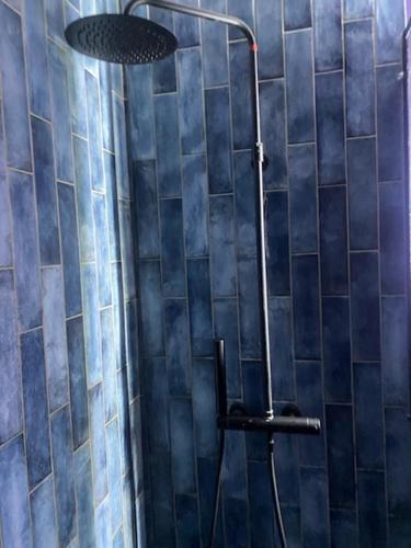 une douche avec un mur carrelé bleu et un pommeau de douche. dans l'établissement Appartement Trocadéro, à Paris