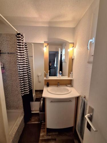 une petite salle de bain avec un lavabo et une douche dans l'établissement Joli appartement pour 4 personnes situé a 300m de la plage, au Cap d'Agde