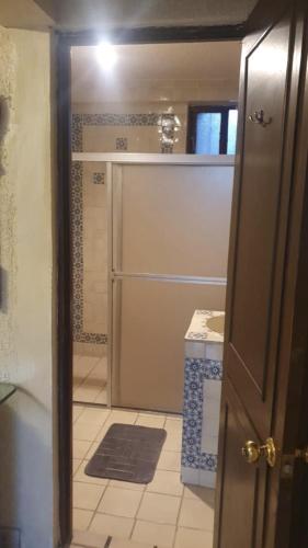a bathroom with a shower and a sink and a door at Casa con Alberca cerca del Aeropuerto in Torreón