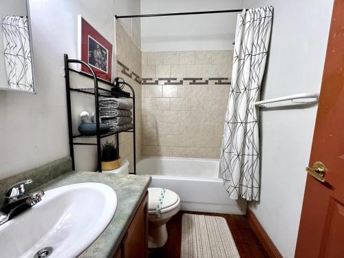 a bathroom with a sink and a toilet and a tub at 420 Friendly KING suite Downtown LOFT Free Parking & WiFi in Detroit
