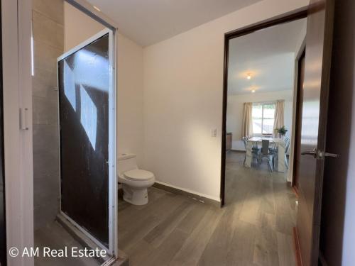 bagno con servizi igienici e porta a vetri di Mikono Rentals - Departamento, quinta, cabaña en Santiago a Santiago