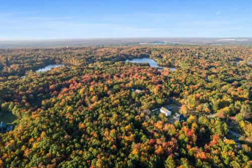 an aerial view of a forest with trees and lakes at Serene Whitetail Retreat Entertainment Galore in Long Pond