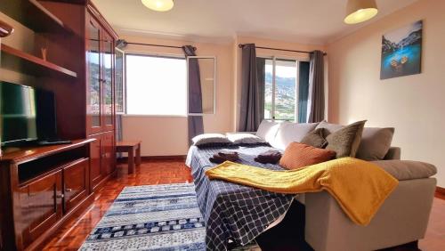 a living room with a couch and a television at Perfume a Maresia in Câmara de Lobos
